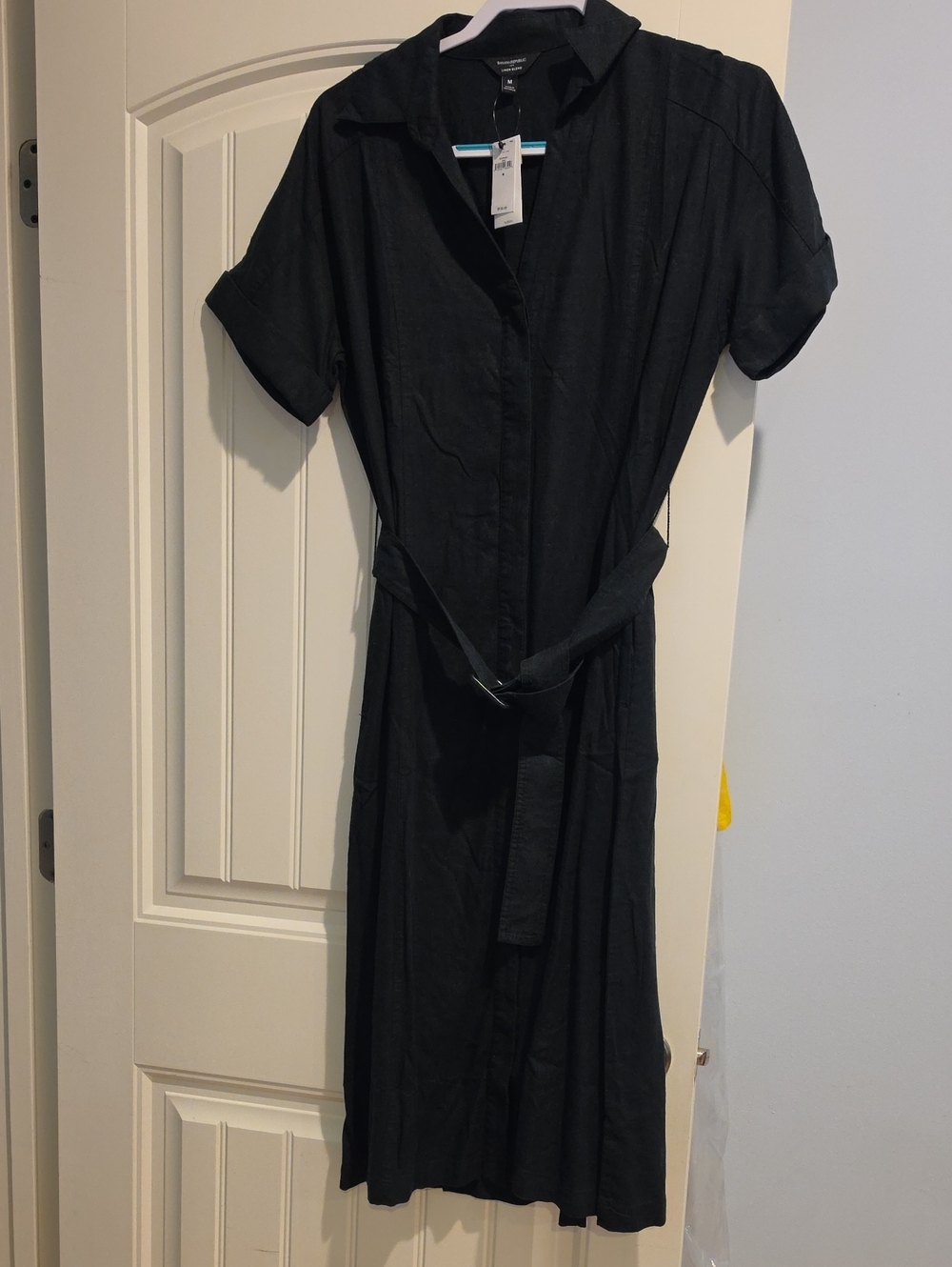 NWT BANANA REPUBLIC Medium Linen Button-Front Black Midi Shirt Dress with Belt